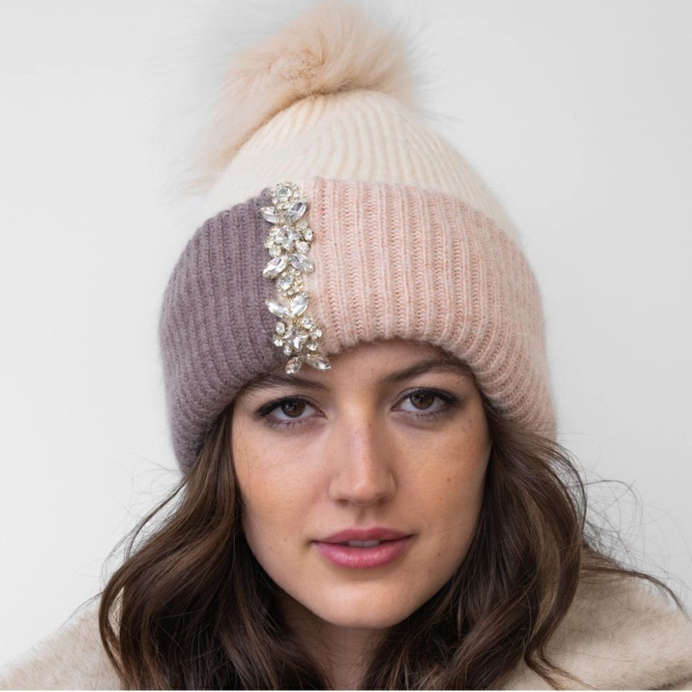 NWT Adrienne Landau Color Block Knit Beanie/Hat Crystals Beige/Pink/Mauve OS